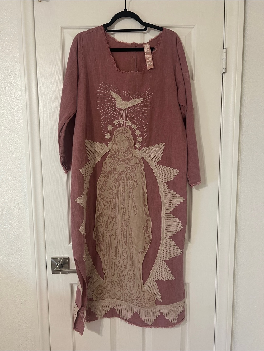Magnolia Pearl Mauve Maxi Dress with Cream Virgin Mary appliqué on front